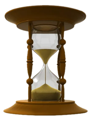 Brass hourglass with sand flowing through glass chamber and wooden stand