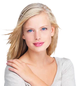 Woman with blonde hair wearing light gray top, hand on shoulder